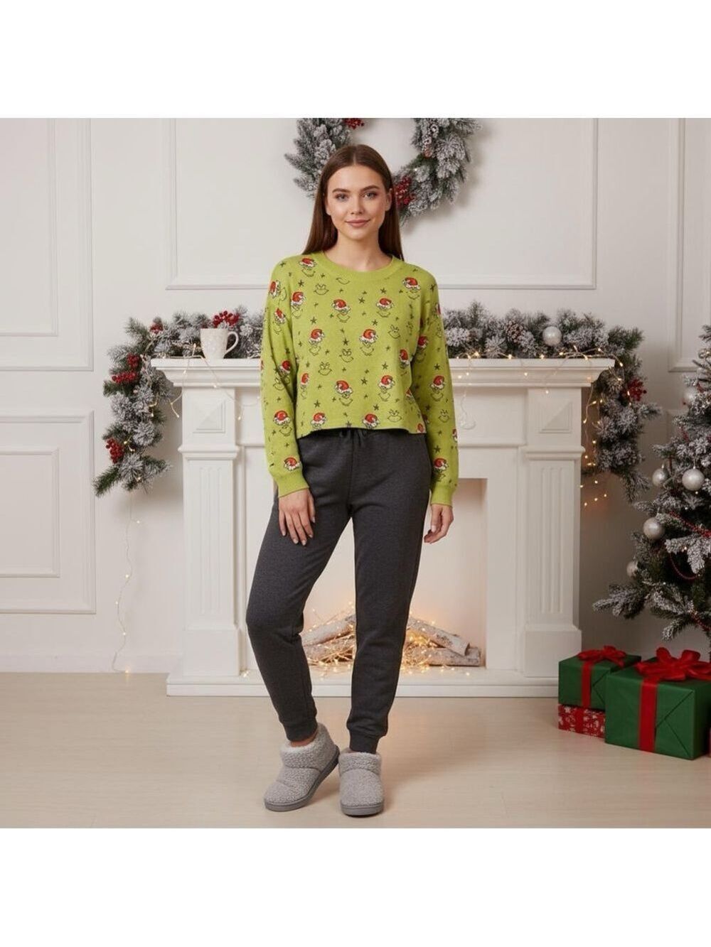 American Eagle Outfitters AE Green Grinch Plush Lounge Sweater